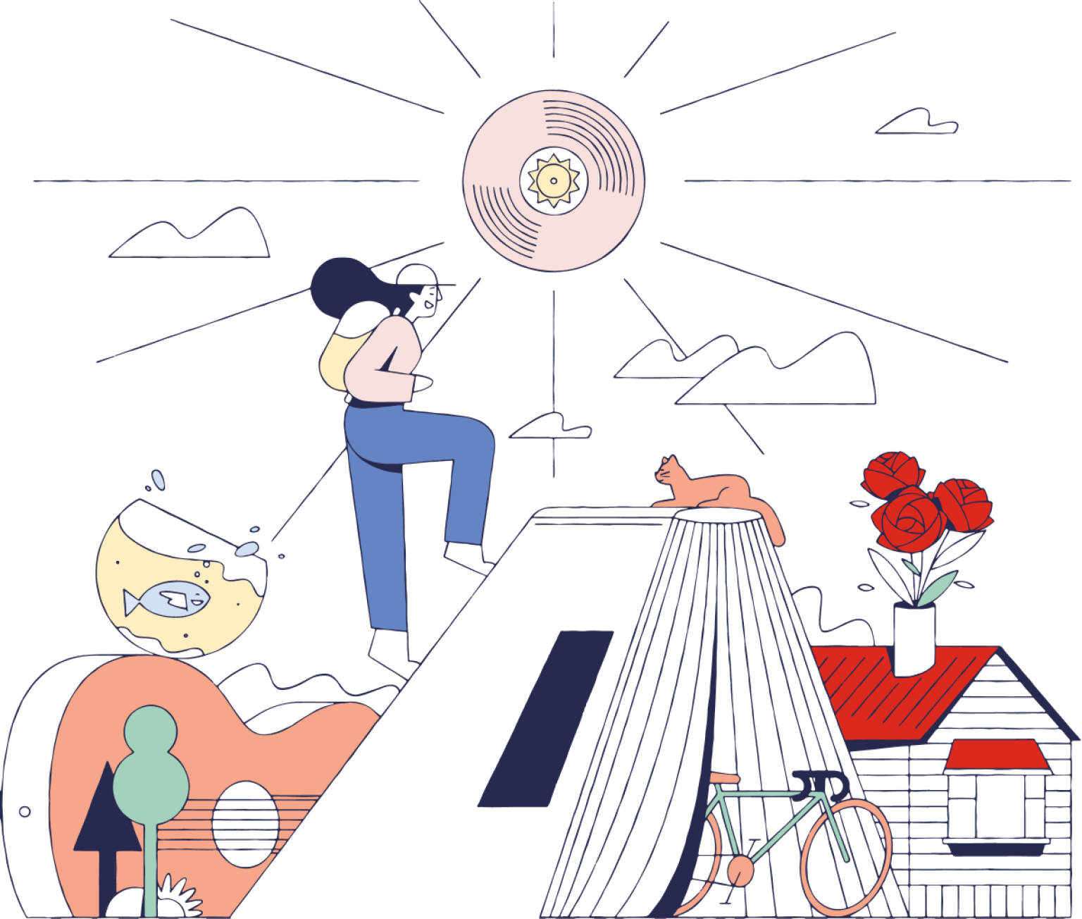 cartoon illustration of a person climbing a mountain