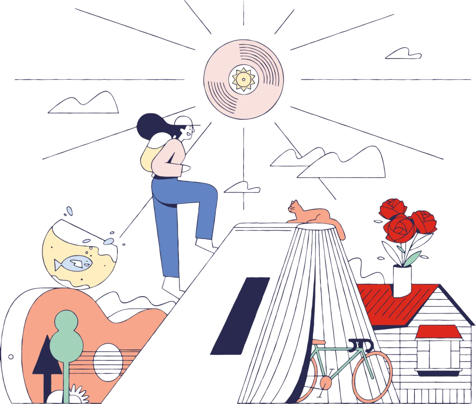 cartoon illustration of a person climbing a mountain