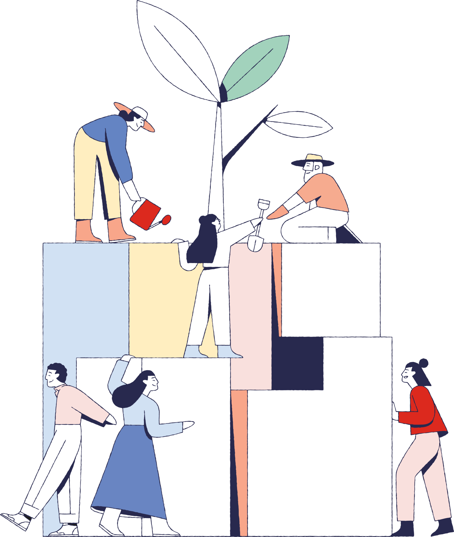 Image of people moving blocks and plants around, symbolising growth