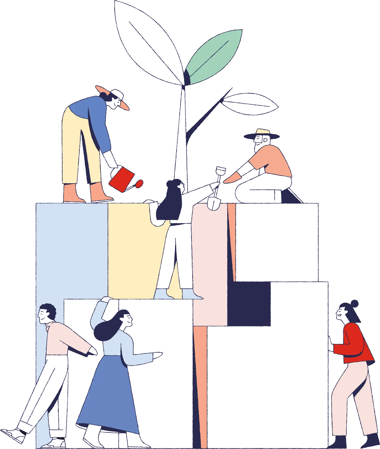 Image of people moving blocks and plants around, symbolising growth